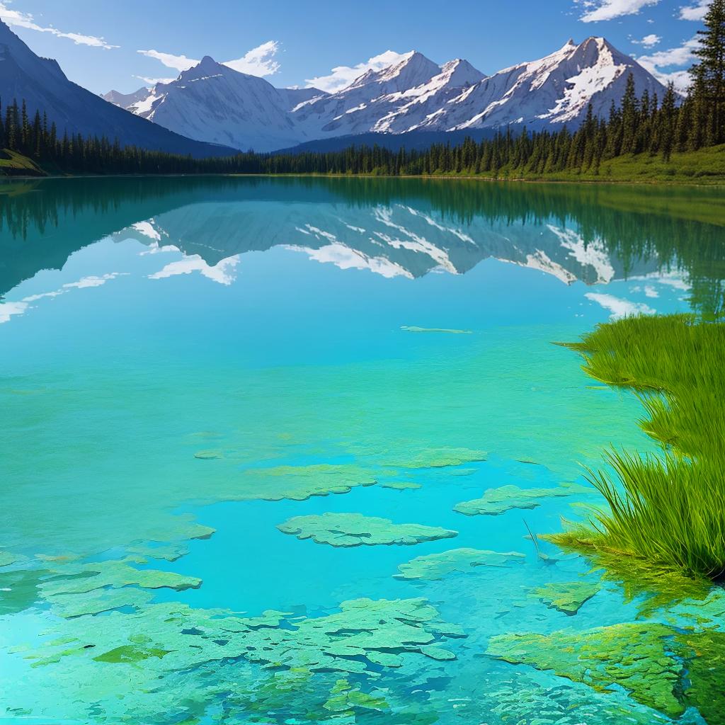  as a painting, Convey the serene majesty of towering mountains reflected in the crystal-clear waters of a tranquil alpine lake, using your unique artistic vision to evoke a sense of awe and tranquility.