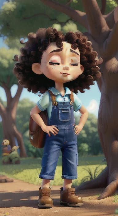  {Riley standing under the tree with eyes closed, making the wish., Riley, a curious with big brown eyes and curly hair, wearing overalls and carrying a small backpack. Their friend, Skye, a bluebird with shiny feathers.