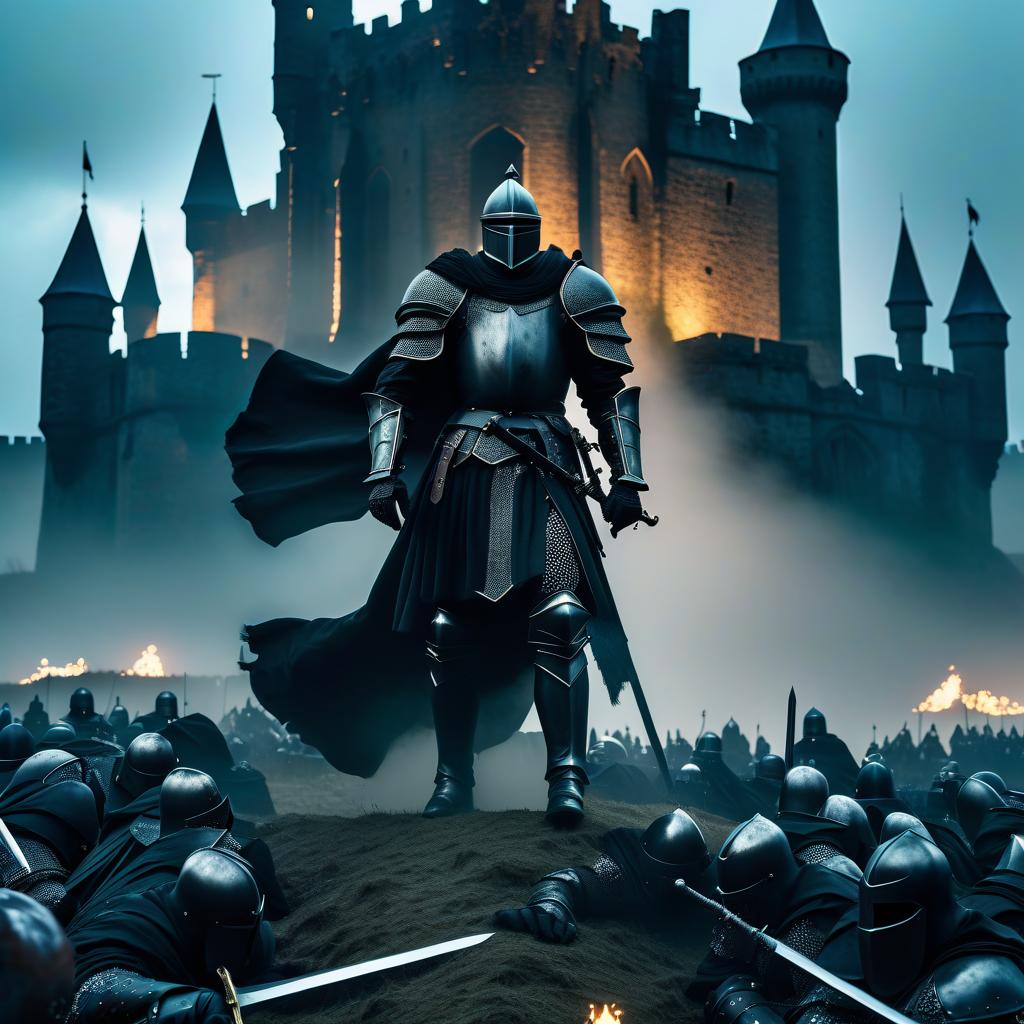  gothic style Background: The ruins of a large medieval Gothic castle in a field. The field is littered with fallen knights. In the middle of the scene, against the backdrop of the knights, a black knight in black armor and a black helmet with a sword, looking down, walks towards the one watching. . dark, mysterious, haunting, dramatic, ornate, detailed hyperrealistic, full body, detailed clothing, highly detailed, cinematic lighting, stunningly beautiful, intricate, sharp focus, f/1. 8, 85mm, (centered image composition), (professionally color graded), ((bright soft diffused light)), volumetric fog, trending on instagram, trending on tumblr, HDR 4K, 8K