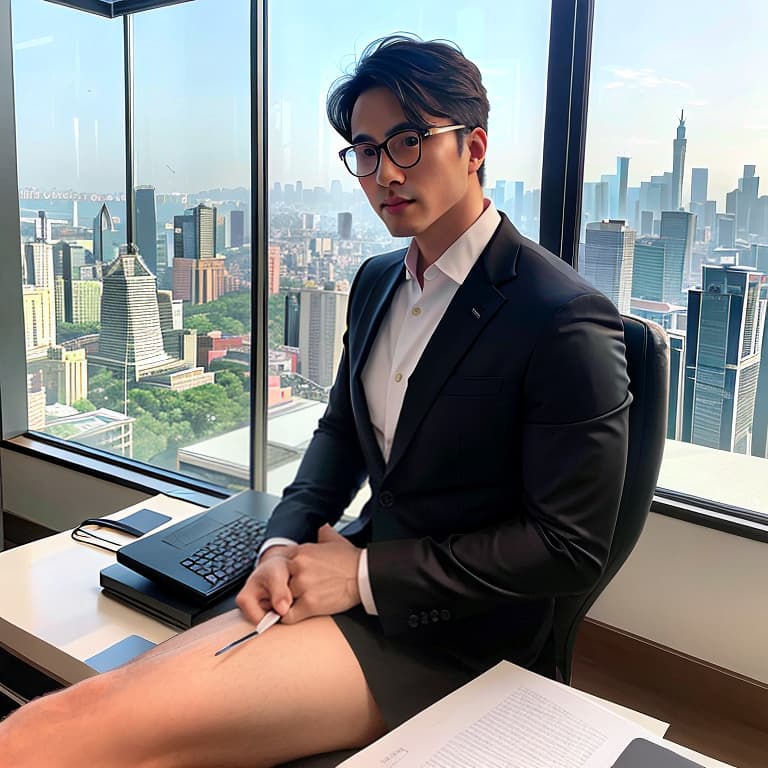  The elegant Asian male boss with glasses is sitting on a chair in the office. He has six pack abs and chest hair, showing his huge penis. The penis is hard and erect. From the office window, you can see the busy traffic downstairs and the Taipei 101 building in the distance.