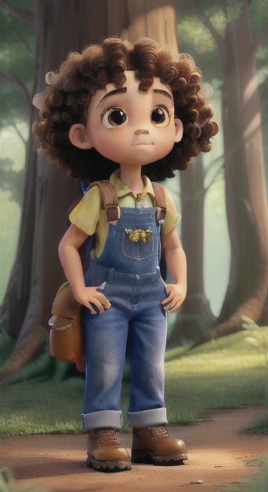  {The tree shining brightly and releasing a gentle, magical light., Riley, a curious with big brown eyes and curly hair, wearing overalls and carrying a small backpack. Their friend, Skye, a bluebird with shiny feathers.