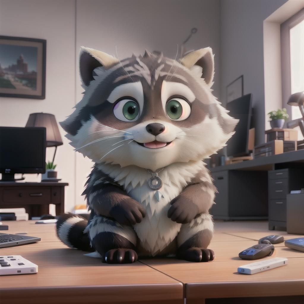  raccoon sitting in gaming chair front a computer on desktop, ((semi anthropomorphic)),(full body), tail, belly, sitting, fat, (chubby), (((white background))), solo, desktop, gaming chair, side view,  [[[clothes]]] hyperrealistic, full body, detailed clothing, highly detailed, cinematic lighting, stunningly beautiful, intricate, sharp focus, f/1. 8, 85mm, (centered image composition), (professionally color graded), ((bright soft diffused light)), volumetric fog, trending on instagram, trending on tumblr, HDR 4K, 8K