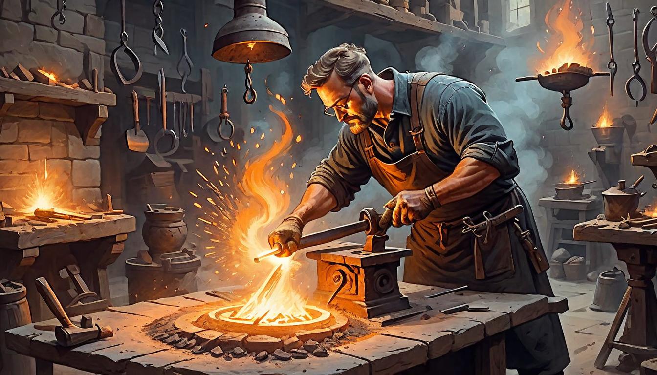  on parchment, surrealism+++, Forge with glowing embers, metal being shaped on an anvil, sparks flying, blacksmith's hands in motion, tools and materials scattered around, craftsmanship, dedication, meticulous(mysterious, provocative, symbolic,muted color)+++