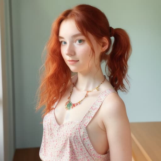  (masterpiece, best quality), 1girl, collarbone, wavy hair, looking at viewer, blurry, upper body, necklace, suspenders, floral print, ponytail, freckles, red hair, sunlight,