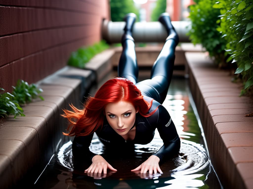  cinematic photo Girl special agent with red hair in lycra suit dives into sewer drain. . 35mm photograph, film, bokeh, professional, 4k, highly detailed