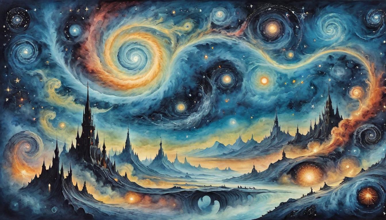  on parchment, surrealism+++, Starry expanse of cosmic void, galaxy swirls and nebulas, metaphorical landscape of shifting consciousness, ethereal and profound(mysterious, provocative, symbolic,muted color)+++