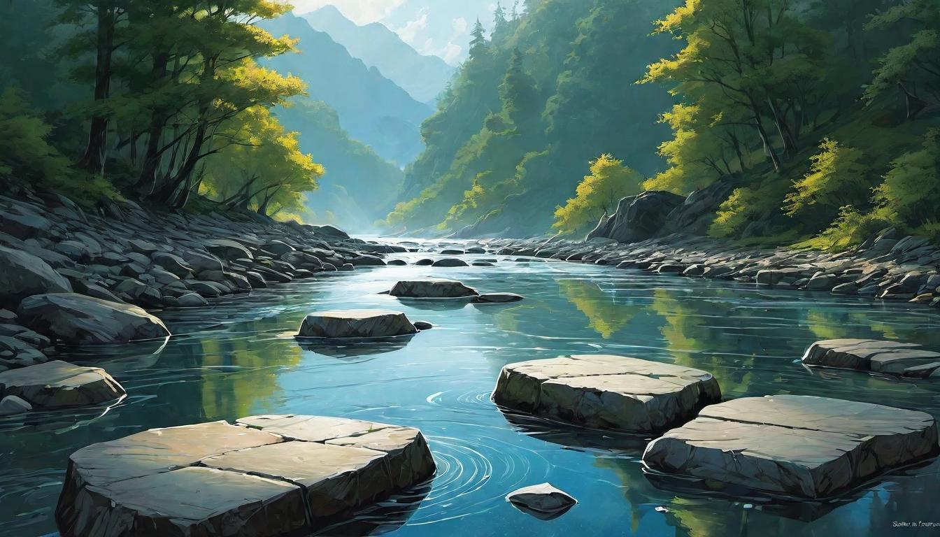  （surrealism)A series of stepping stones across a flowing river, each stone perfectly spaced, water clear and reflective, sunlight glistening on the surface, transitioning from one challenge to the next, perseverance, progress mystic, intricate details, best quality)