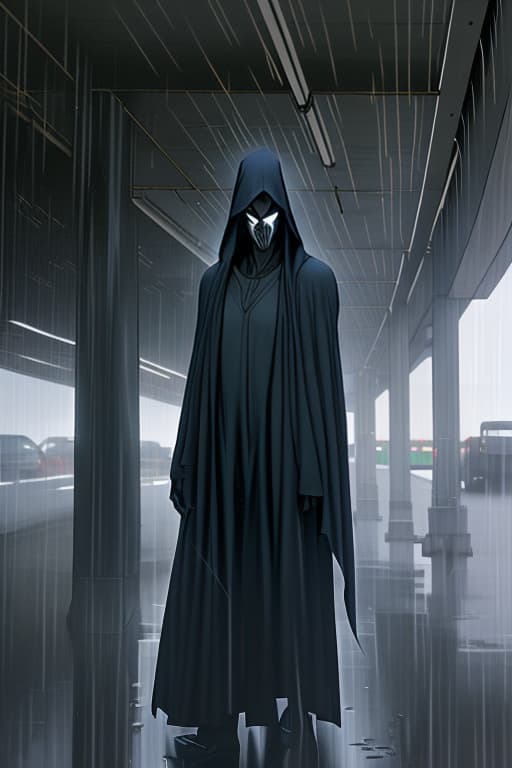  A-TaK, Tall, standing under freeway light, heavy rain, dressed like grim reaper, white mask, Grendel type