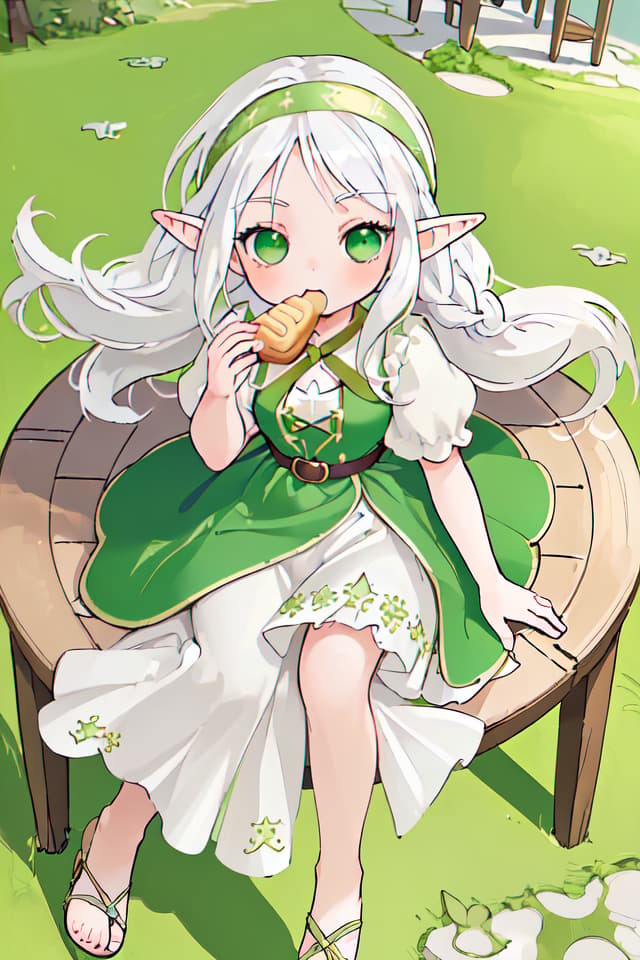  (Best masterpiece: 1.5),(Highest image quality),(Super detail),(Super precision),(Super beautiful CG),(8K),1girl,elf,solo,Braid hair,White hair,green eyes,（close up）,headband,ONE PIECE,sandals,hair blowing in the wind,round table,sit on a chair,eat eclairs,