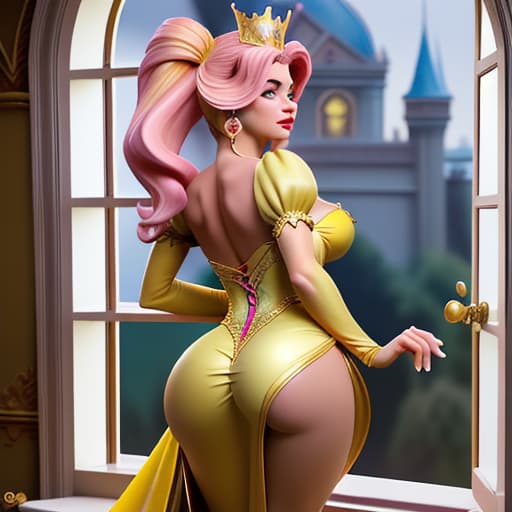  Sofia Vergara as a fantasy Disney queen in bodytight and skinny pink-yellow short and opulent dress,seen from the back leaning towards palace window,her ass up,watching her Middle Earth- like kingdom