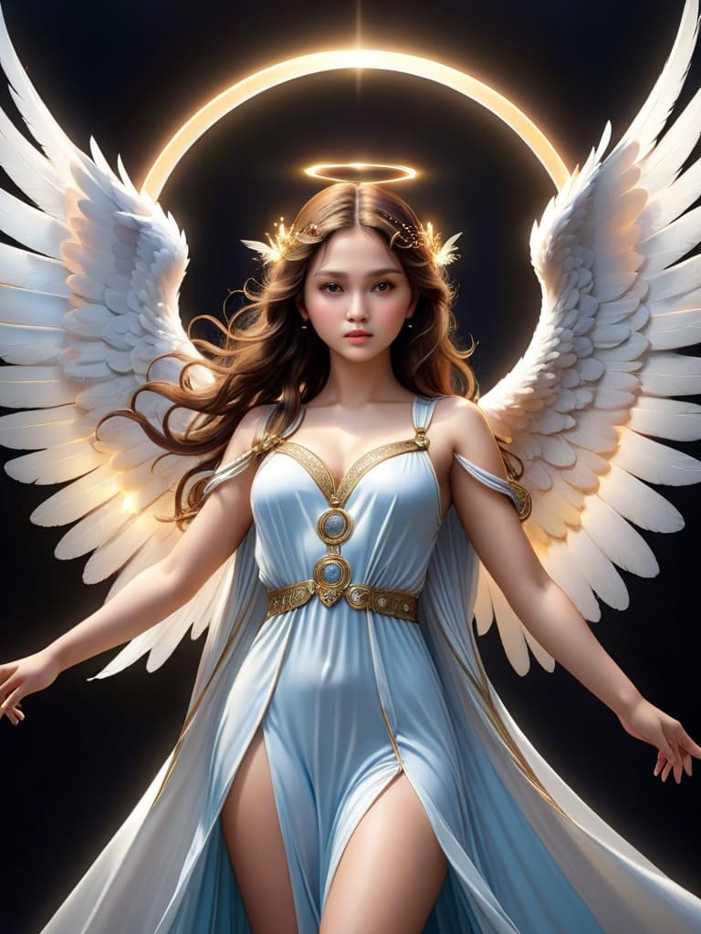  masterpiece, best quality, official art, extremely detailed cg 8k, award winning, professional, highly detailed, breathtaking masterpiece, best quality, official art, extremely detailed cg 8k, 2 beautiful angel girls with wings pointing into a circle, with multiple sharp black lines coming out of the circle, big bright light in the background