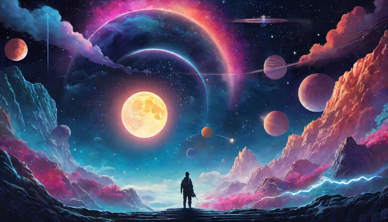  digital illustration, Journey of growth, starseed amid cosmic backdrop, luminous pathway, uplifting, progressive, looking at viewer, dynamic pose, (intricate details, masterpiece, best quality)