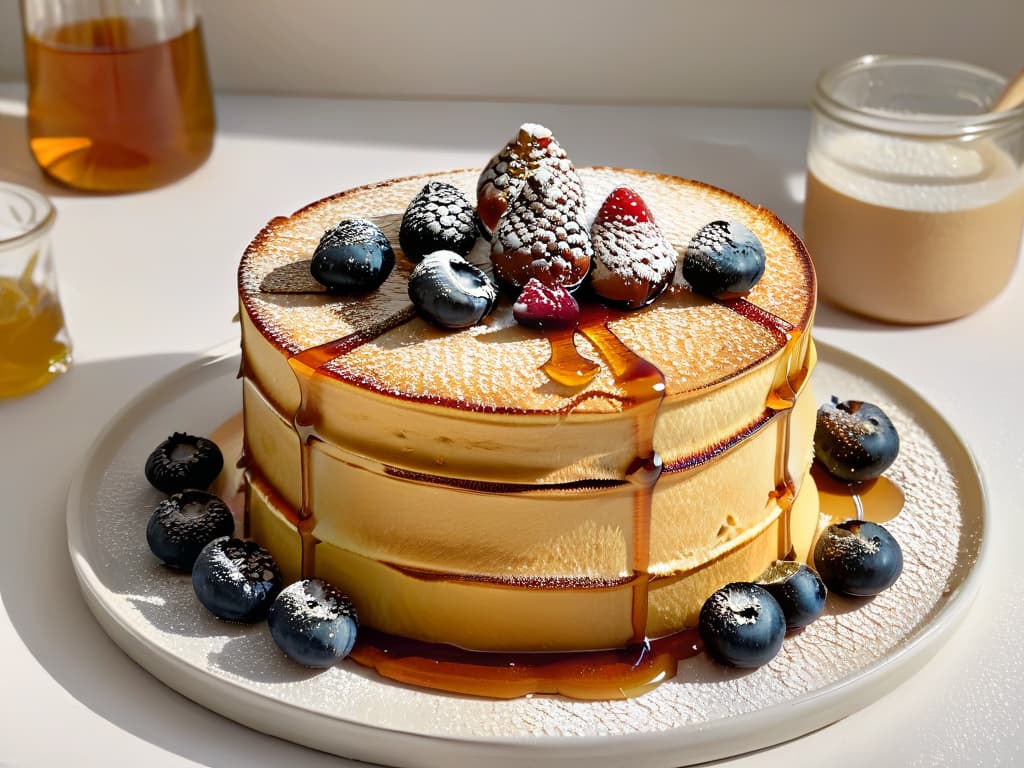  A closeup, ultradetailed image of a stack of fluffy pancakes drizzled with rich, golden maple syrup, with the syrup cascading down the sides, beautifully pooling on the plate beneath. The pancakes are perfectly round, with a sprinkle of powdered sugar on top and a few fresh berries as garnish. The lighting is soft, highlighting the glistening texture of the syrup and the vibrant colors of the berries, creating a mouthwatering and visually appealing composition. hyperrealistic, full body, detailed clothing, highly detailed, cinematic lighting, stunningly beautiful, intricate, sharp focus, f/1. 8, 85mm, (centered image composition), (professionally color graded), ((bright soft diffused light)), volumetric fog, trending on instagram, trending on tumblr, HDR 4K, 8K