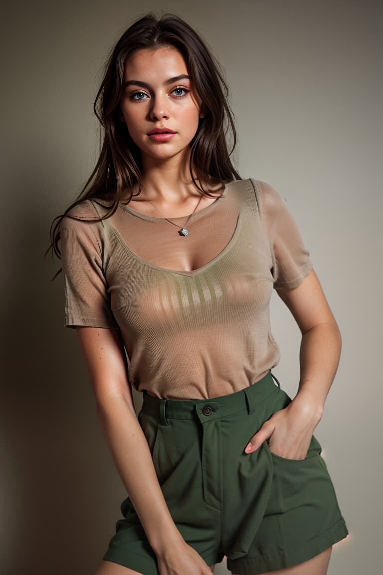  photo of a 18-year- German woman with dark brown hair and green eyes in a outfit, lifted slightly to reveal ,new clothes,,, masterpiece, best quality, (photorealistic:1.4), perfect lighting, (photorealism:1.4), beautiful, best quality, aesthetic, high quality, best quality, 4k, , perfect lighting, masterpiece, symmetric eyes