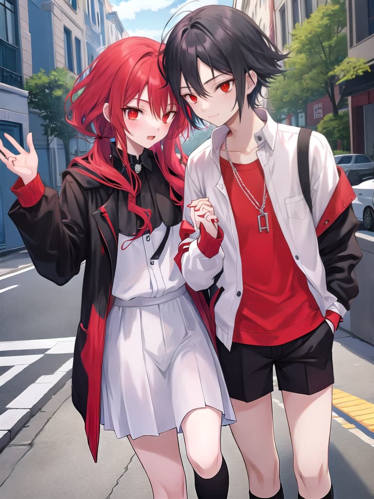  Teenage vampire boy with red hair holding his black haired boyfriend's hand