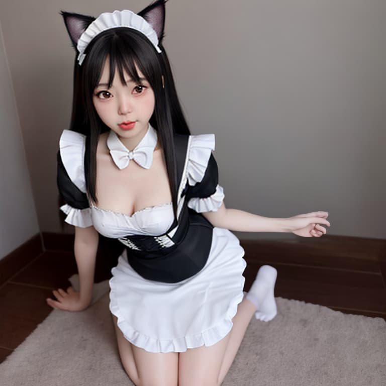  cute catgirl maid wearing minimal clothing, she is on her knees looking up at me