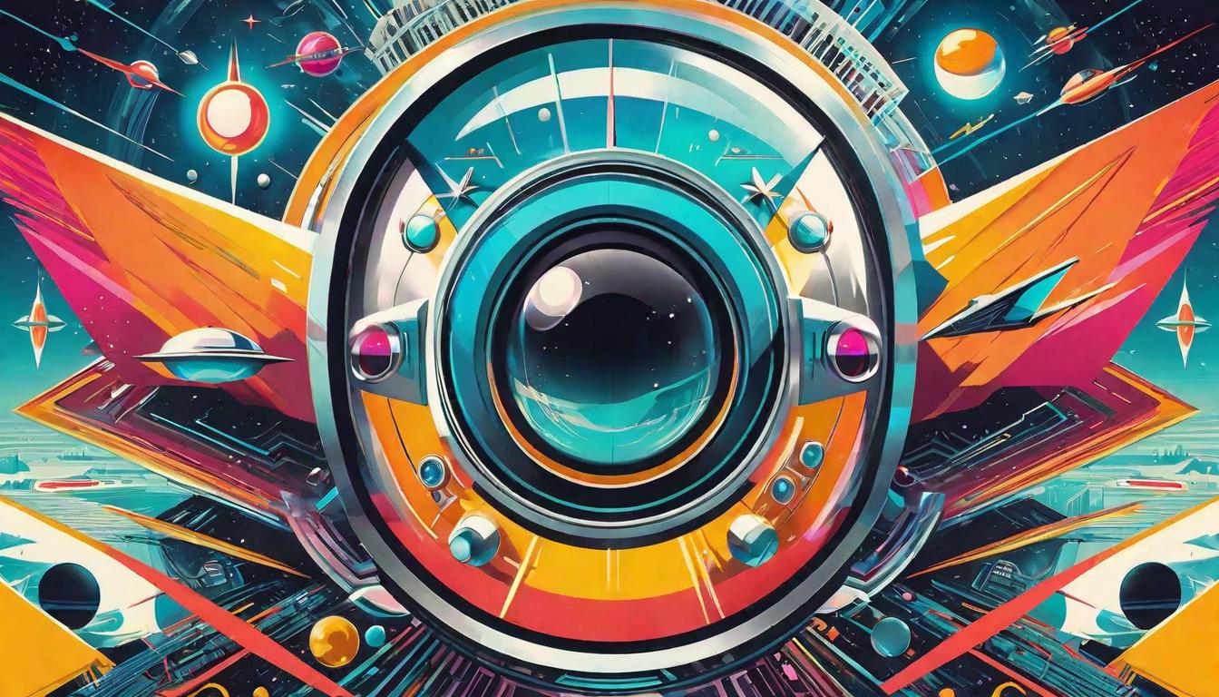  retro futuristic Eyes of different colors and shapes looking towards a common light, beyond differences, shared vision, inclusivity. lvintage sci fi, 50s and 60s style, atomic age, vibrant, highly detailed