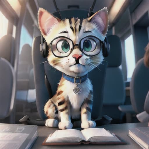  Realistic image of a cat wearing headphones and reading glasses while riding a bus., crystalline, wallpaper hyperrealistic, full body, detailed clothing, highly detailed, cinematic lighting, stunningly beautiful, intricate, sharp focus, f/1. 8, 85mm, (centered image composition), (professionally color graded), ((bright soft diffused light)), volumetric fog, trending on instagram, trending on tumblr, HDR 4K, 8K