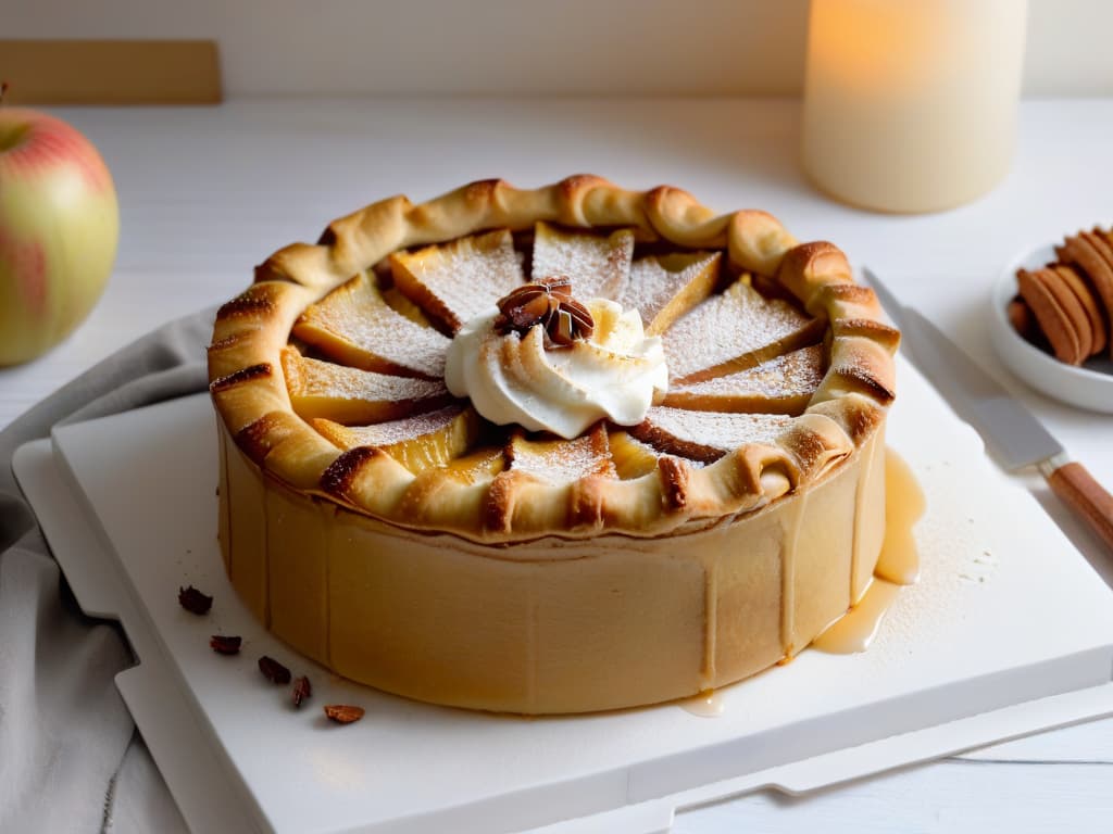  A closeup, highresolution image of a perfectly baked apple pie with a golden, flaky crust resting on a minimalist, elegant white plate. The pie is generously filled with a rich, creamy apple filling made with a hint of cinnamon, and a dollop of whipped cream sits delicately on top, sprinkled with a touch of cinnamon for garnish. The lighting is soft, casting a gentle glow on the dessert, emphasizing its inviting texture and warm, comforting appeal. hyperrealistic, full body, detailed clothing, highly detailed, cinematic lighting, stunningly beautiful, intricate, sharp focus, f/1. 8, 85mm, (centered image composition), (professionally color graded), ((bright soft diffused light)), volumetric fog, trending on instagram, trending on tumblr, HDR 4K, 8K