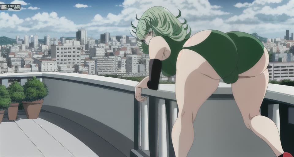  4k, Anime , 4k, ghibli Anime, detailed animation , tatsumaki view from behind, toned curvy legs, huge ass, walking pose, bare legs, heels, city background, bending over a balcony, insanely inflated hips