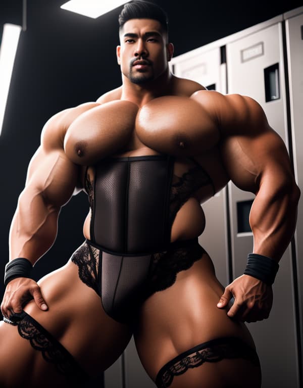  Asian，huge beefy bodybuilder man, in lace silk corset bodysuit uniform. lace bra, lingerie, in a locker room. with large bulging crotch and a white stocking suspender belt around the waist long sexy stockings, big bulge, huge back round muscle ass, huge round back. huge breast, huge tits, huge boobs, 3D hyperrealistic, full body, detailed clothing, highly detailed, cinematic lighting, stunningly beautiful, intricate, sharp focus, f/1. 8, 85mm, (centered image composition), (professionally color graded), ((bright soft diffused light)), volumetric fog, trending on instagram, trending on tumblr, HDR 4K, 8K