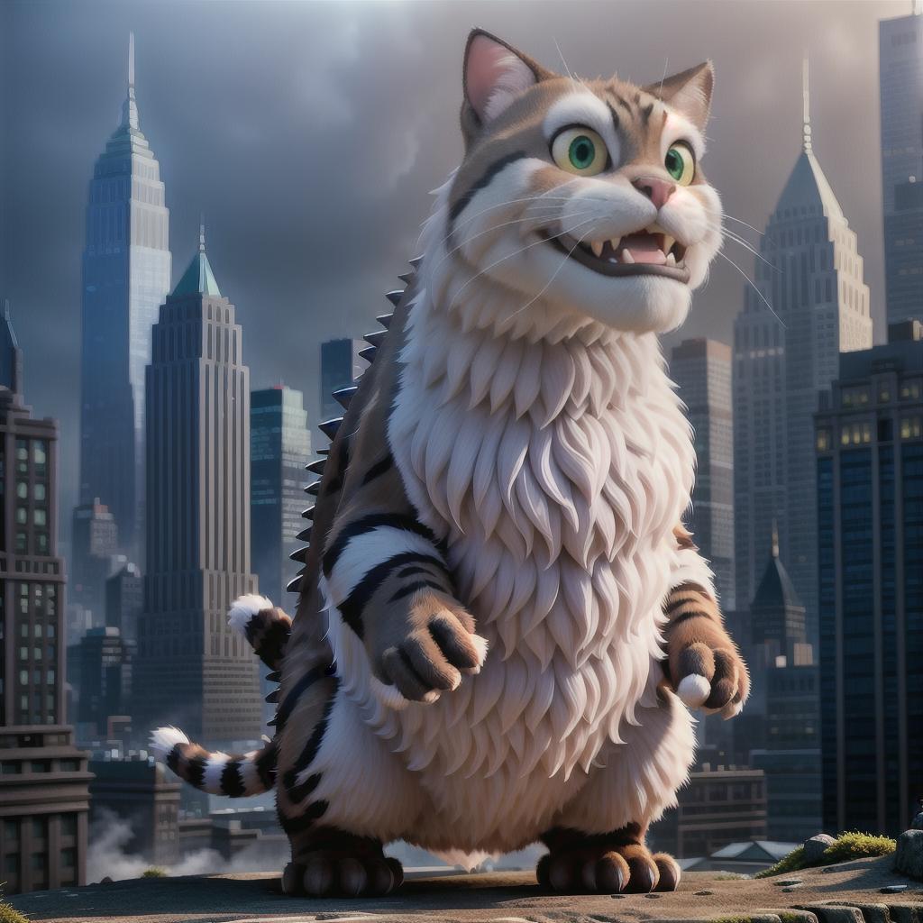  Giant cat destroying New York Godzilla style hyperrealistic, full body, detailed clothing, highly detailed, cinematic lighting, stunningly beautiful, intricate, sharp focus, f/1. 8, 85mm, (centered image composition), (professionally color graded), ((bright soft diffused light)), volumetric fog, trending on instagram, trending on tumblr, HDR 4K, 8K