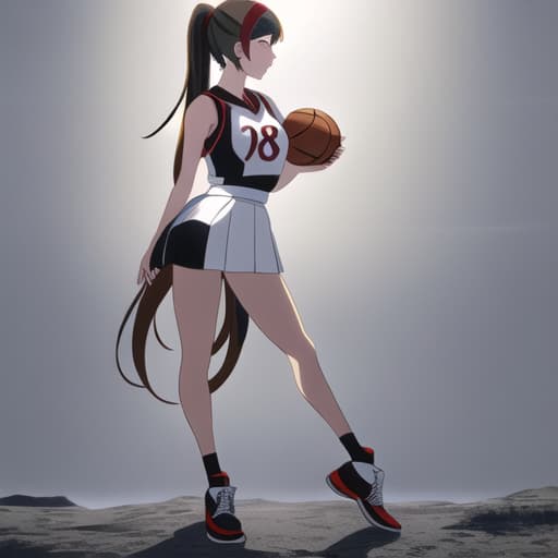  anime girl black hair bright dark brown eyes red and white basketball uniform with the number 18 and the name Nicky white and black shoes Have your hair in a medium high ponytail with two strands on the sides of your ears, have a basketball and look full body Pastel Palette, Da Vinci's Dreams, Picasso's , Sunrise Splendors, Floral Fantasy, Mystical Moonscapes, Urban Nature, Crystal Clear, Cinematic hyperrealistic, full body, detailed clothing, highly detailed, cinematic lighting, stunningly beautiful, intricate, sharp focus, f/1. 8, 85mm, (centered image composition), (professionally color graded), ((bright soft diffused light)), volumetric fog, trending on instagram, trending on tumblr, HDR 4K, 8K