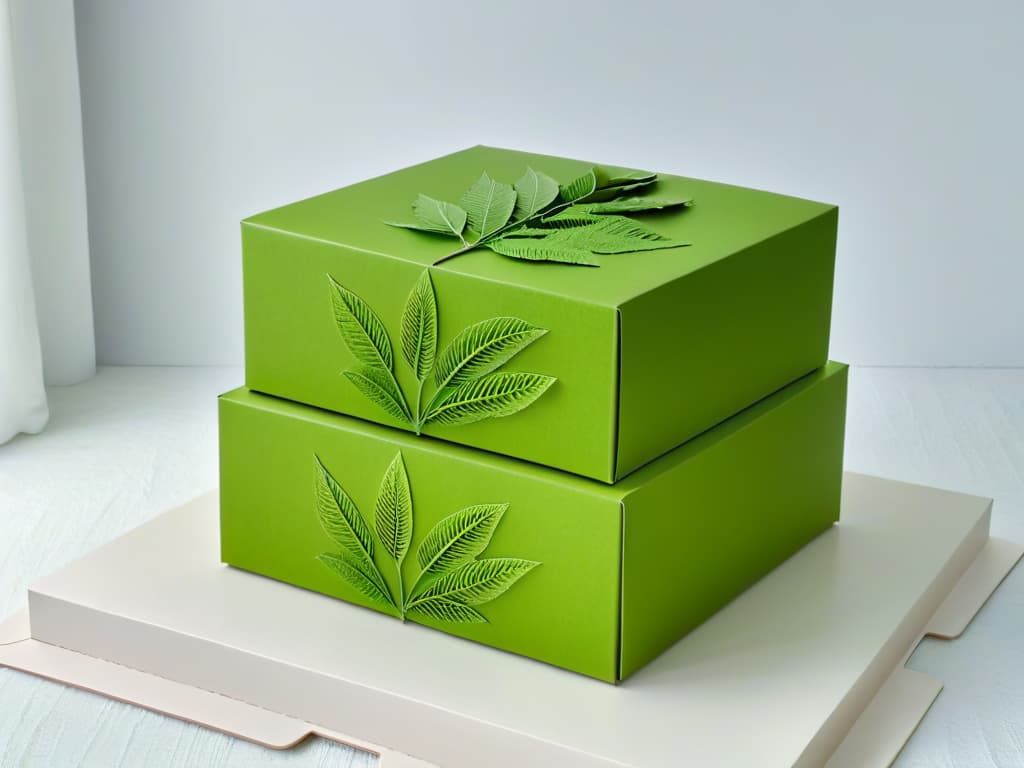  A closeup, ultradetailed image of a stack of beautifully crafted ecofriendly cardboard bakery boxes, each adorned with a delicate leaf motif in earthy green tones. The light gently plays on the textured surface, highlighting the intricate design and sustainable material of the packaging. hyperrealistic, full body, detailed clothing, highly detailed, cinematic lighting, stunningly beautiful, intricate, sharp focus, f/1. 8, 85mm, (centered image composition), (professionally color graded), ((bright soft diffused light)), volumetric fog, trending on instagram, trending on tumblr, HDR 4K, 8K