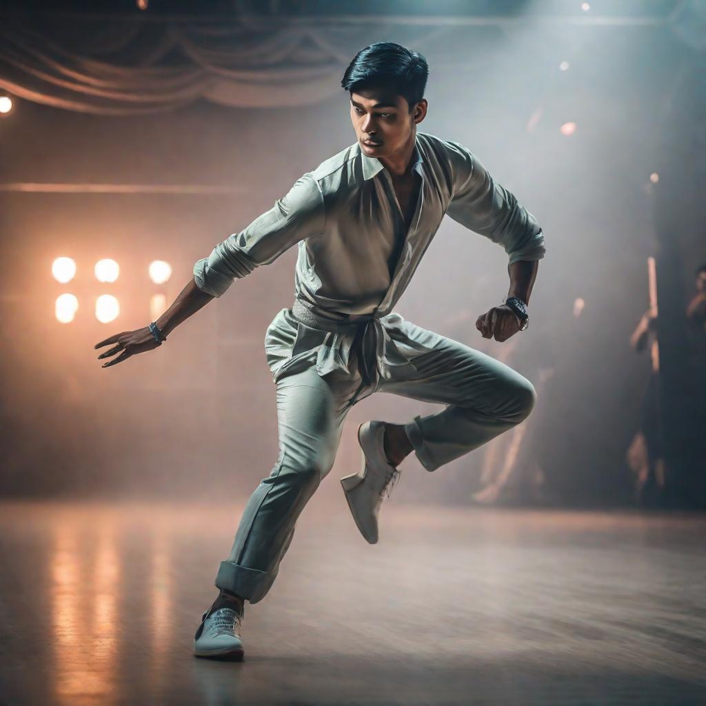  6 year malay boy, dance pose hyperrealistic, full body, detailed clothing, highly detailed, cinematic lighting, stunningly beautiful, intricate, sharp focus, f/1. 8, 85mm, (centered image composition), (professionally color graded), ((bright soft diffused light)), volumetric fog, trending on instagram, trending on tumblr, HDR 4K, 8K