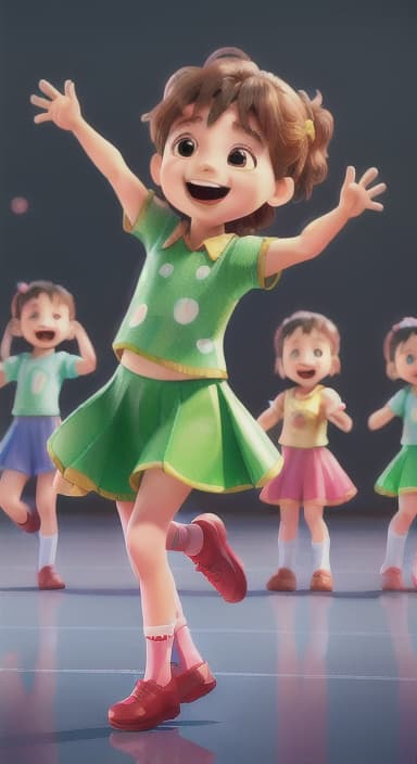  {Children singing and dancing with wide smiles and musical notes floating around them., Kids joyfully dancing and singing, showing their energy and happiness.