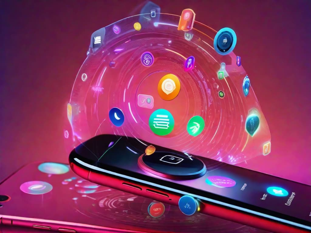  A close-up photo of an iPhone screen displaying a colorful, futuristic interface with various AI-powered features and apps, symbolizing the impact of artificial intelligence on Apple's products and the potential boost in sales. digital art, ilustration, no flares, clean hyperrealistic, full body, detailed clothing, highly detailed, cinematic lighting, stunningly beautiful, intricate, sharp focus, f/1. 8, 85mm, (centered image composition), (professionally color graded), ((bright soft diffused light)), volumetric fog, trending on instagram, trending on tumblr, HDR 4K, 8K