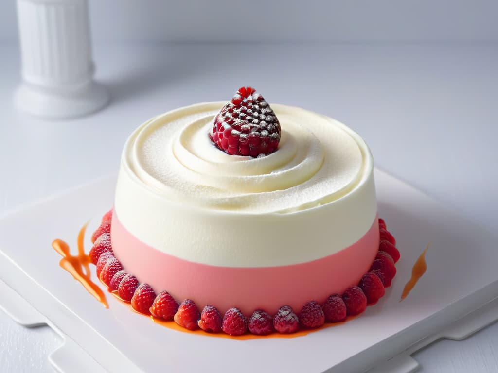  A closeup, ultradetailed image of a perfectly piped mousse swirl on a glossy white plate, garnished elegantly with a single fresh raspberry on top. The mousse has a smooth, velvety texture with visible air bubbles, showcasing the precision and artistry of modern mousse preparation techniques. The lighting is soft, emphasizing the sheen on the dessert and creating a visually striking yet minimalistic composition. hyperrealistic, full body, detailed clothing, highly detailed, cinematic lighting, stunningly beautiful, intricate, sharp focus, f/1. 8, 85mm, (centered image composition), (professionally color graded), ((bright soft diffused light)), volumetric fog, trending on instagram, trending on tumblr, HDR 4K, 8K