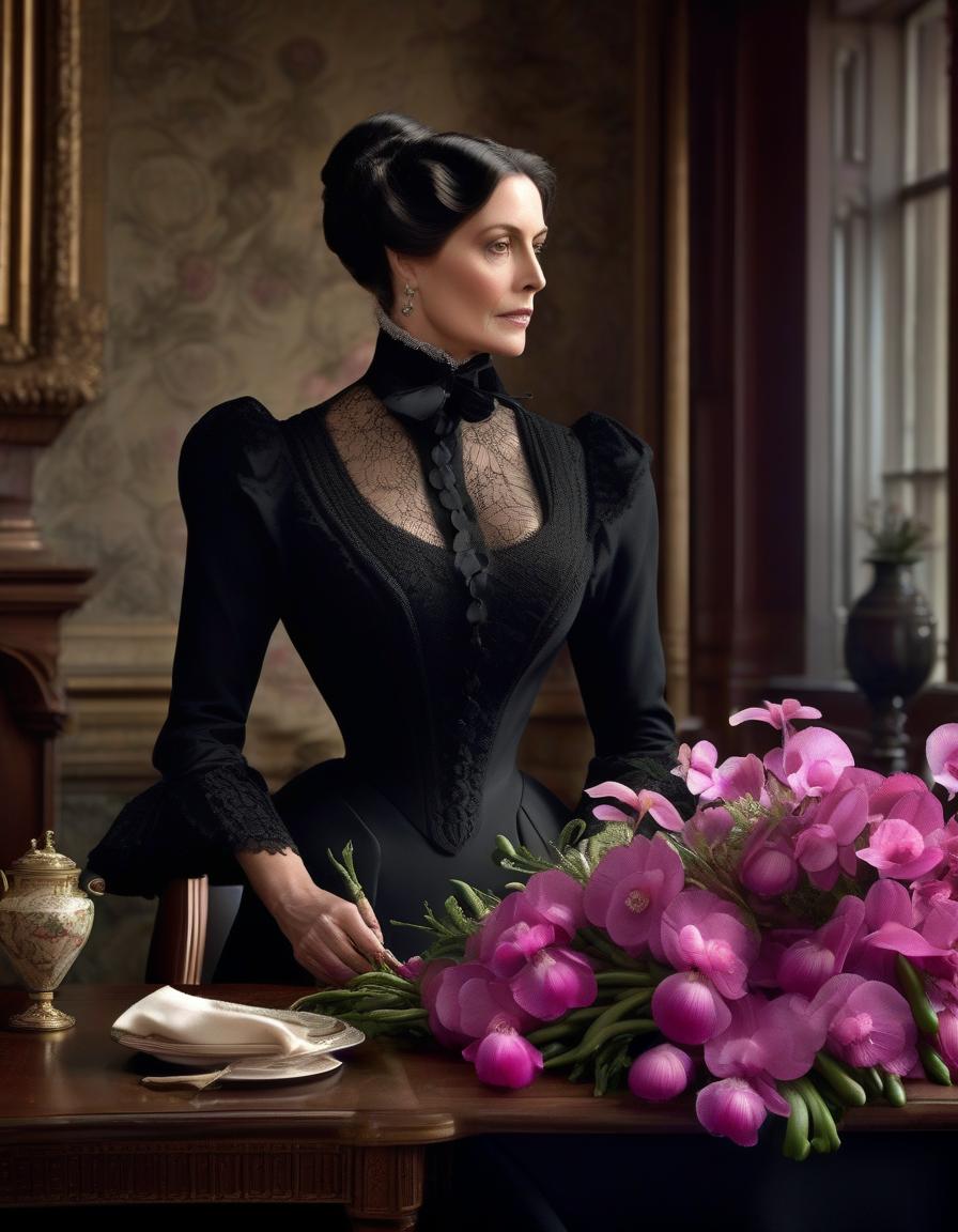  Victorian beauty in mourning in black dress with a bouquet of anemones 1870s, pink orchid bouquet on the table. hyperrealistic, full body, detailed clothing, highly detailed, cinematic lighting, stunningly beautiful, intricate, sharp focus, f/1. 8, 85mm, (centered image composition), (professionally color graded), ((bright soft diffused light)), volumetric fog, trending on instagram, trending on tumblr, HDR 4K, 8K