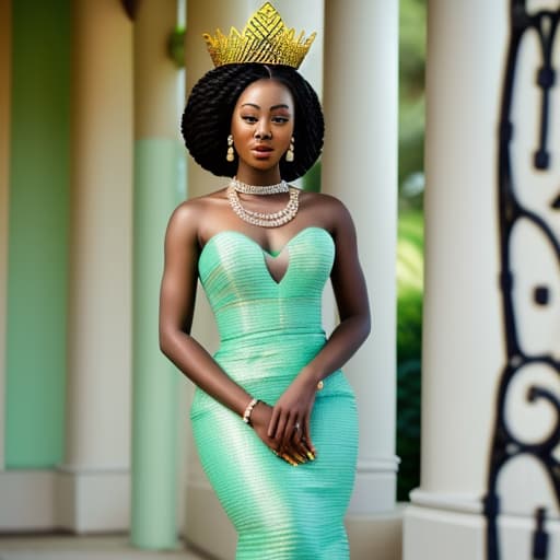  A Ghanaian modern bride in a stylish mint green Ghanaian KENTE gown with chains and petals . Should be a mermaid dress that looks regal and has highlights of kente colors. Must look like a beauty queen with a golden crown