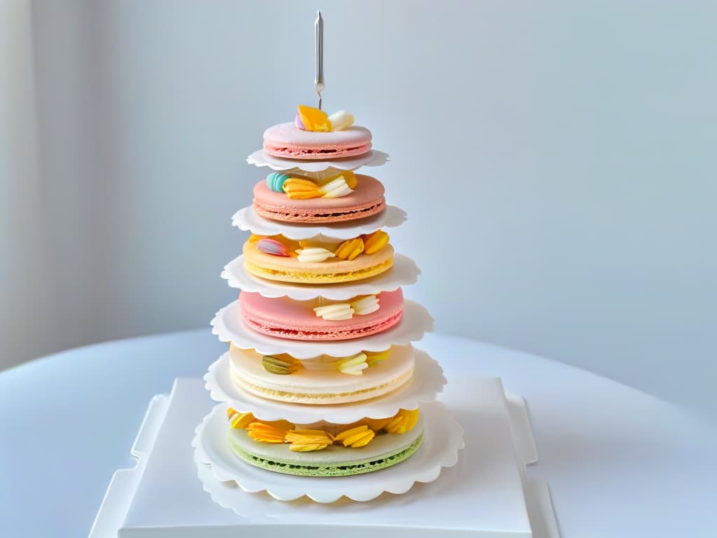  An ultradetailed image of a delicate French macaron tower, showcasing a variety of pastel colors and intricate designs, set on a pristine white marble platter with soft, natural lighting illuminating the exquisite details of each macaron. hyperrealistic, full body, detailed clothing, highly detailed, cinematic lighting, stunningly beautiful, intricate, sharp focus, f/1. 8, 85mm, (centered image composition), (professionally color graded), ((bright soft diffused light)), volumetric fog, trending on instagram, trending on tumblr, HDR 4K, 8K