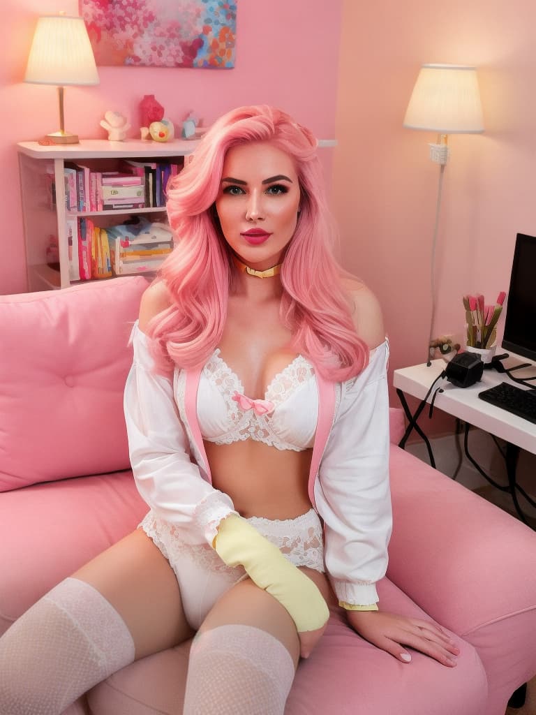  photography,LDR,HDR,UHD,4K,8K,32K,best quality,masterpiece,highly detailed,ultra fine,sharp focus,professional,vivid colorsProducts, Prompt:2 old american , sitting on gaming chair, at home, next to computer, pink highlights in hair, pink lipstick, e aesthetic, blush, rgb lighting, video games, streamer room, podcast, pink , , knee high socks, id in hair hyperrealistic, full body, detailed clothing, highly detailed, cinematic lighting, stunningly beautiful, intricate, sharp focus, f/1. 8, 85mm, (centered image composition), (professionally color graded), ((bright soft diffused light)), volumetric fog, trending on instagram, trending on tumblr, HDR 4K, 8K