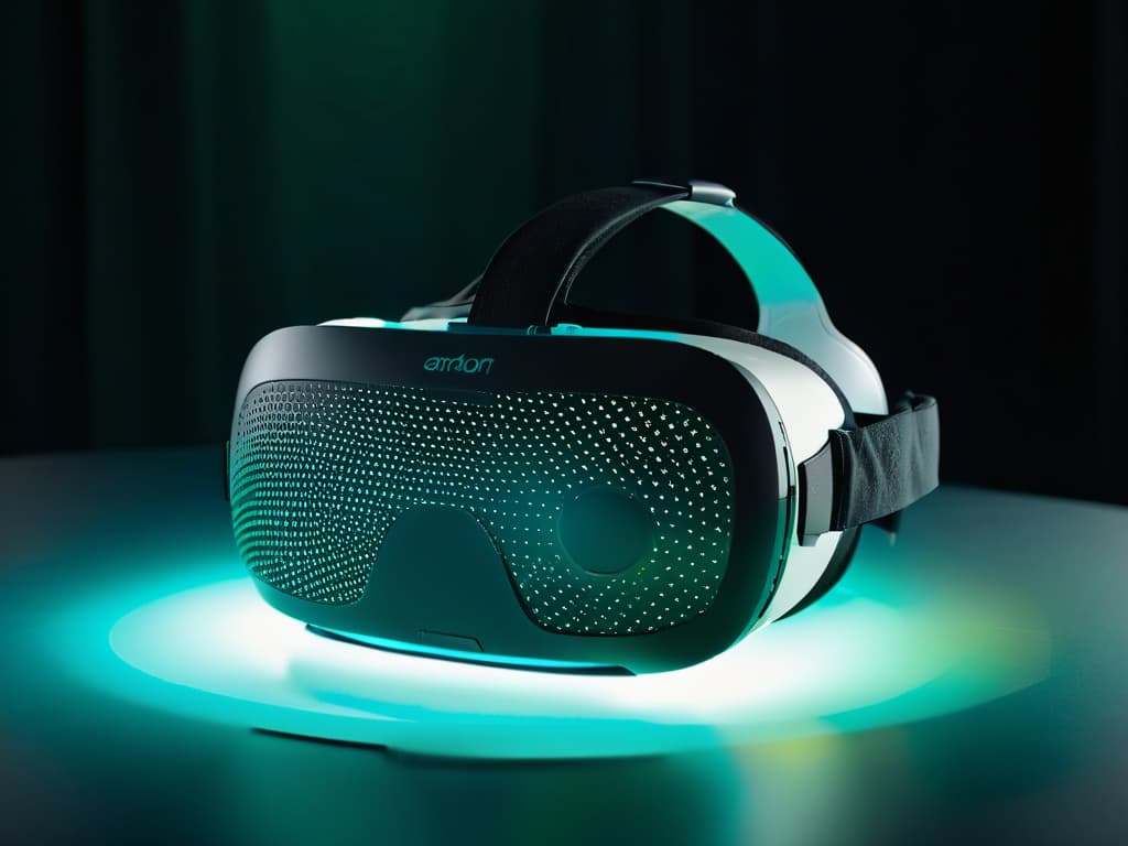  A minimalist and ultradetailed image of a virtual reality headset, hovering in a soft, ethereal glow against a dark background. The headset is sleek and futuristic, with intricate patterns etched into its surface, catching the light in a mesmerizing display. The overall look is one of cuttingedge technology and innovation, inviting the viewer to step into a world where virtual reality transforms the art of pastrymaking. hyperrealistic, full body, detailed clothing, highly detailed, cinematic lighting, stunningly beautiful, intricate, sharp focus, f/1. 8, 85mm, (centered image composition), (professionally color graded), ((bright soft diffused light)), volumetric fog, trending on instagram, trending on tumblr, HDR 4K, 8K