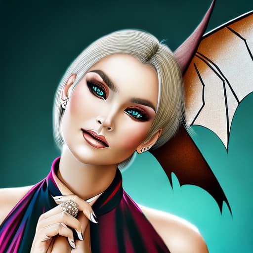 portrait+ style gorgeous vampire woman with bat wings flying above castle