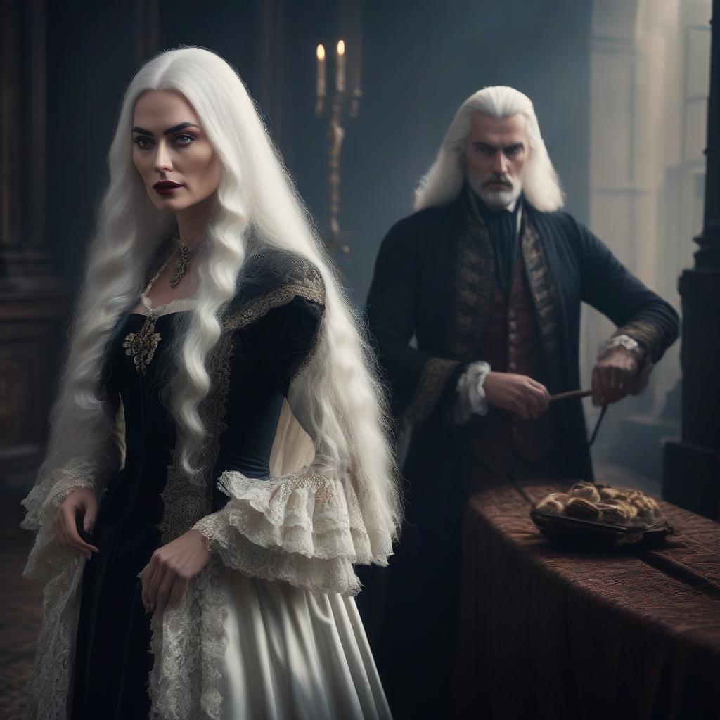  A mysterious woman in the 18th century in Transylvania had long white hair, richly laced and frilly, she was a little scared as a well dressed, dark haired man in a cloak stared at her from a distance. hyperrealistic, full body, detailed clothing, highly detailed, cinematic lighting, stunningly beautiful, intricate, sharp focus, f/1. 8, 85mm, (centered image composition), (professionally color graded), ((bright soft diffused light)), volumetric fog, trending on instagram, trending on tumblr, HDR 4K, 8K