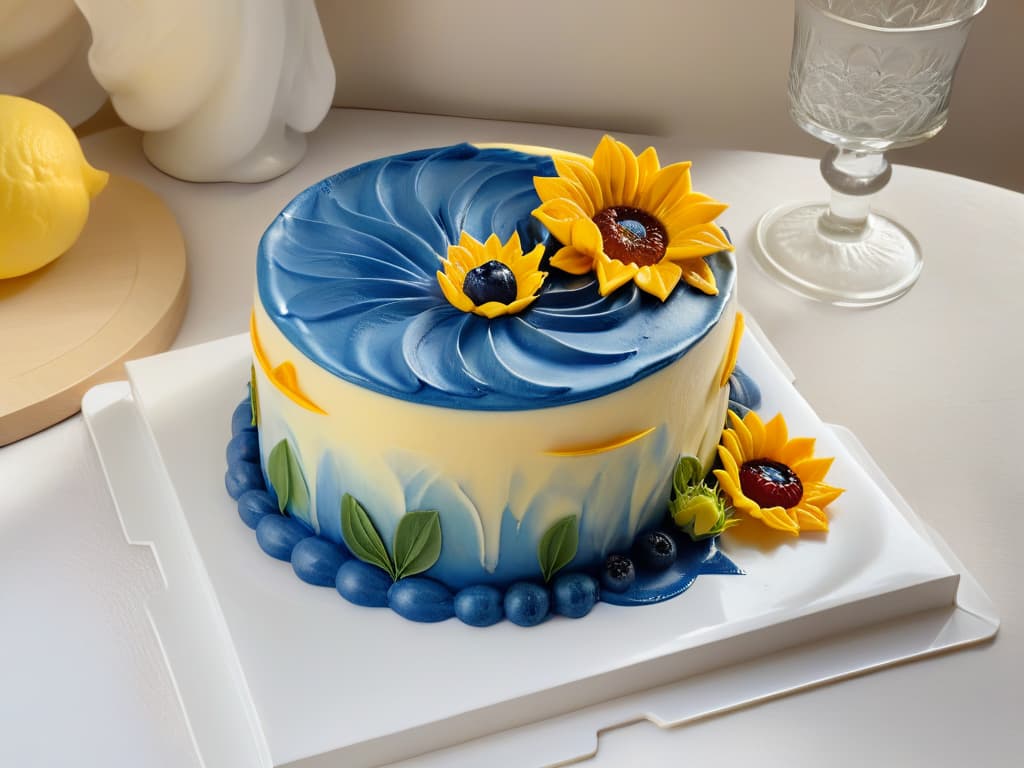  An ultradetailed, minimalist image of a vibrant sunflower made entirely out of various delicately crafted desserts inspired by Van Gogh's color palette. The sunflower's petals consist of layers of rich, golden caramelized pastry, deep blueberryinfused cream, and bright lemon zest garnishes, perfectly capturing the essence of Van Gogh's iconic sunflower paintings. The background showcases a subtle swirl of vanilla custard, resembling the artist's famous swirling brushstrokes, adding a touch of artistic flair to the delectable dessert display. hyperrealistic, full body, detailed clothing, highly detailed, cinematic lighting, stunningly beautiful, intricate, sharp focus, f/1. 8, 85mm, (centered image composition), (professionally color graded), ((bright soft diffused light)), volumetric fog, trending on instagram, trending on tumblr, HDR 4K, 8K