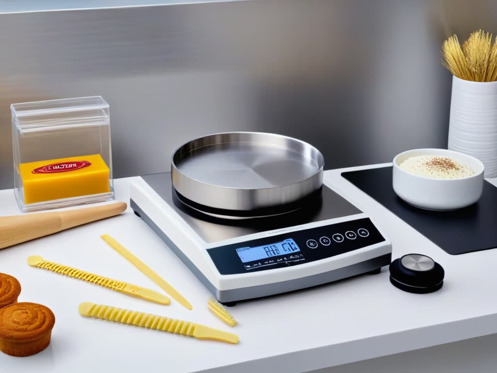  A highresolution, ultradetailed image of a sleek, modern kitchen countertop showcasing an array of advanced pastry tools neatly organized. The image features topoftheline items like precision scales, silicone molds, piping bags, digital thermometers, and specialty spatulas, all gleaming under soft, natural lighting. The minimalist composition emphasizes the sophistication and precision associated with professional pastry craftsmanship, inspiring the reader to elevate their baking game with these essential tools. hyperrealistic, full body, detailed clothing, highly detailed, cinematic lighting, stunningly beautiful, intricate, sharp focus, f/1. 8, 85mm, (centered image composition), (professionally color graded), ((bright soft diffused light)), volumetric fog, trending on instagram, trending on tumblr, HDR 4K, 8K