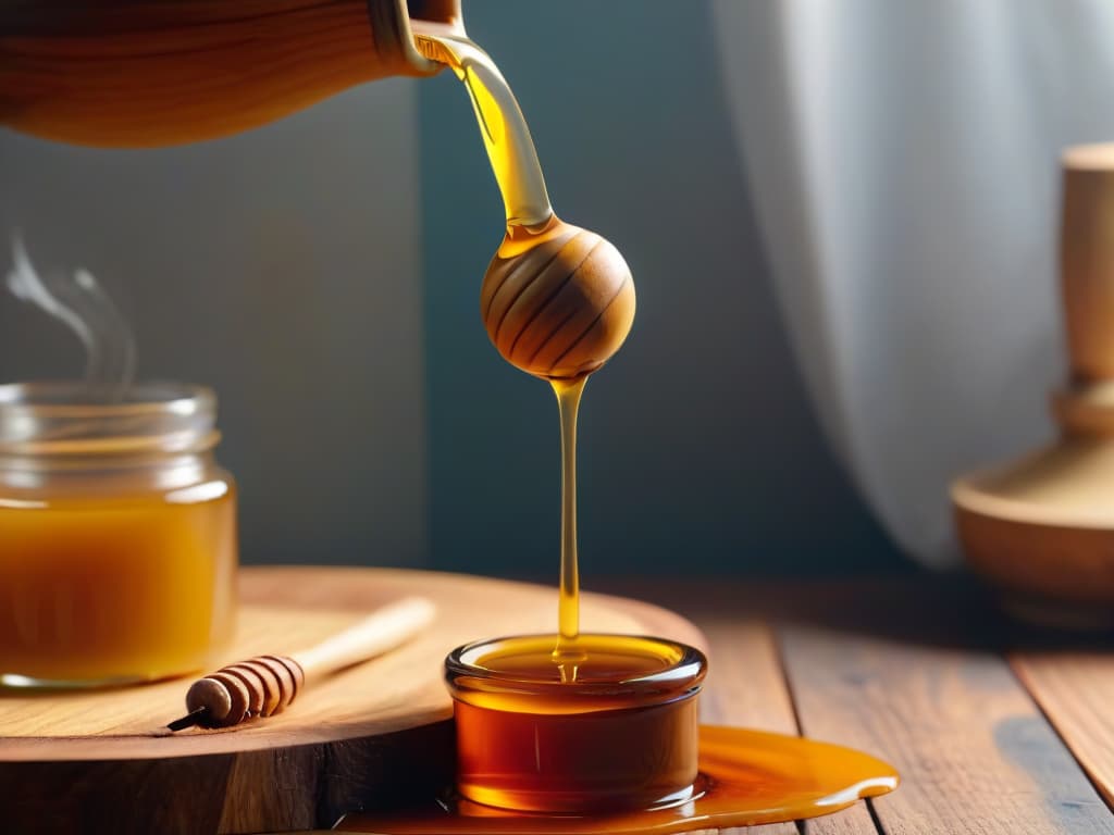  An ultradetailed closeup image of golden honey dripping slowly from a wooden honey dipper, with a blurred background of a rustic kitchen setting featuring soft natural lighting, showcasing the rich texture and amber color of the honey. hyperrealistic, full body, detailed clothing, highly detailed, cinematic lighting, stunningly beautiful, intricate, sharp focus, f/1. 8, 85mm, (centered image composition), (professionally color graded), ((bright soft diffused light)), volumetric fog, trending on instagram, trending on tumblr, HDR 4K, 8K