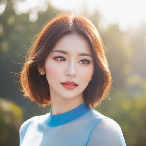  Portrait of a young woman's face with natural glow makeup style and lip gloss, against a vibrant blue sky background. Ultra realistic, high detail, Korean beauty influencer aesthetic, ethereal lighting, glossy finish s 150 c 5 hyperrealistic, full body, detailed clothing, highly detailed, cinematic lighting, stunningly beautiful, intricate, sharp focus, f/1. 8, 85mm, (centered image composition), (professionally color graded), ((bright soft diffused light)), volumetric fog, trending on instagram, trending on tumblr, HDR 4K, 8K