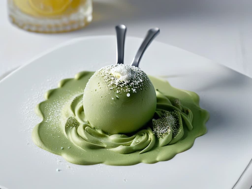  A closeup, ultradetailed image of a delicate, intricately designed dessert spoon with a sprinkle of artificial sweetener resting on its polished surface. The artificial sweetener glistens under a soft, natural light, highlighting its texture and crystalline structure. The background is a blurred, neutraltoned kitchen setting, emphasizing the elegance and simplicity of the minimalist composition. hyperrealistic, full body, detailed clothing, highly detailed, cinematic lighting, stunningly beautiful, intricate, sharp focus, f/1. 8, 85mm, (centered image composition), (professionally color graded), ((bright soft diffused light)), volumetric fog, trending on instagram, trending on tumblr, HDR 4K, 8K