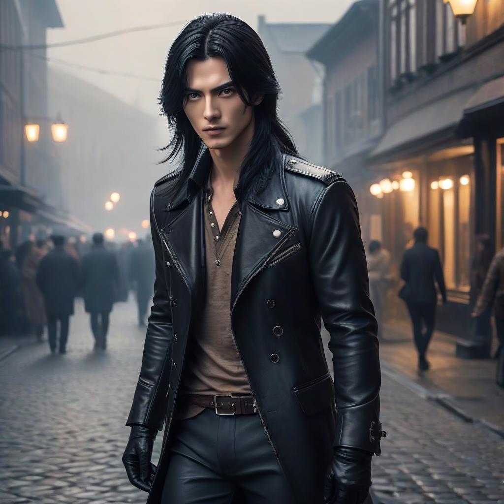  man, black hair, eyes brown color, long hair hyperrealistic, full body, detailed clothing, highly detailed, cinematic lighting, stunningly beautiful, intricate, sharp focus, f/1. 8, 85mm, (centered image composition), (professionally color graded), ((bright soft diffused light)), volumetric fog, trending on instagram, trending on tumblr, HDR 4K, 8K