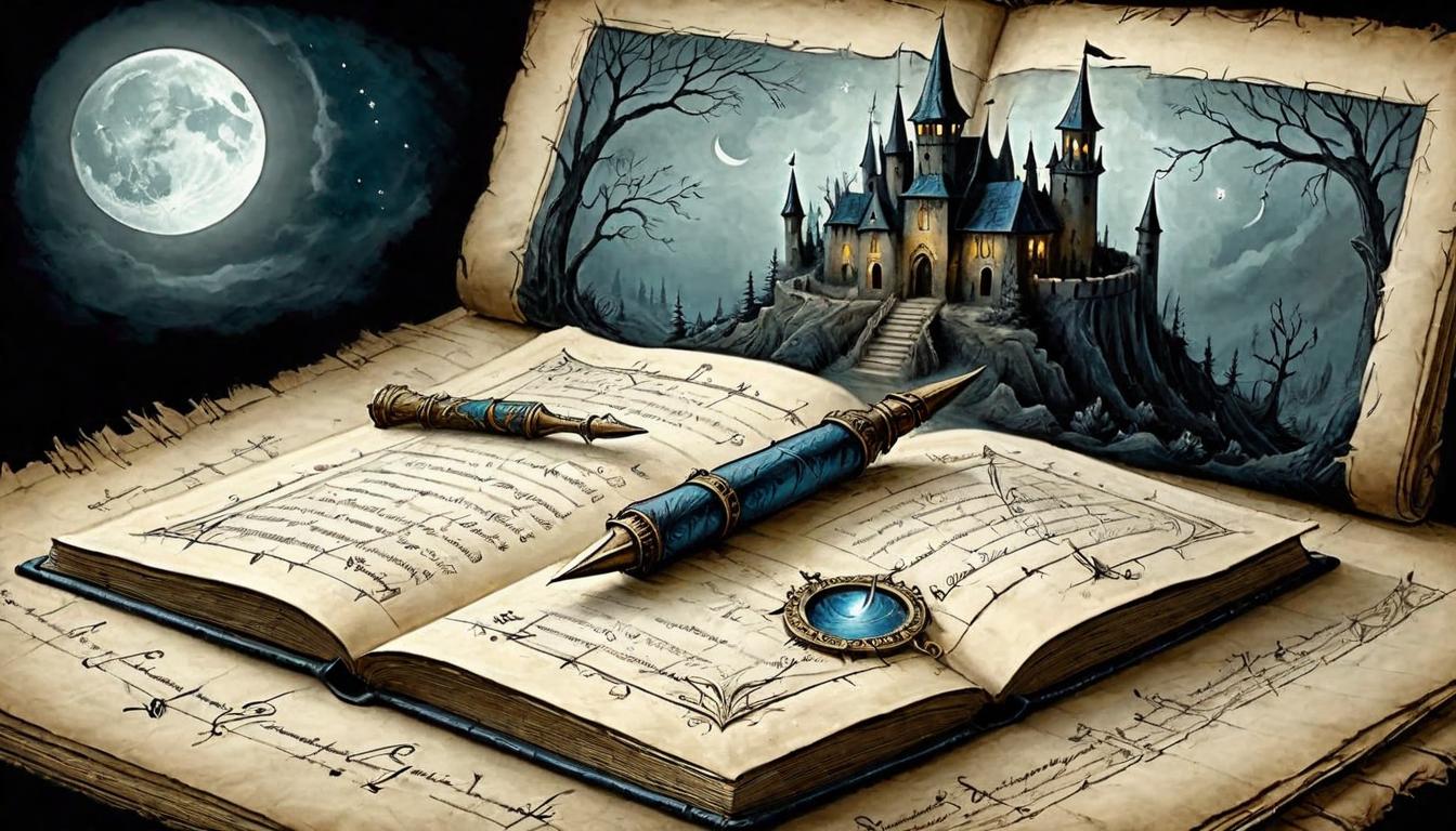  on parchment, surrealism+++, Magical ledger books and quills, highlighted with moonlight, enchanted atmosphere(mysterious, provocative, symbolic,muted color)+++