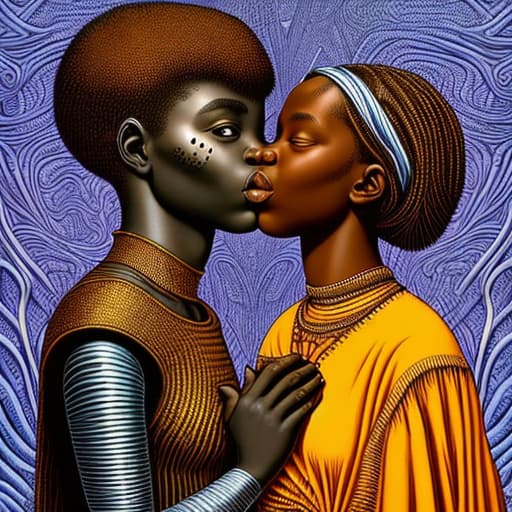  Alice and a African girl kissing at a wild drinking party, stable diffusion, absolute reality v1.6, in the style of jacek yerka and moebius and hr giger