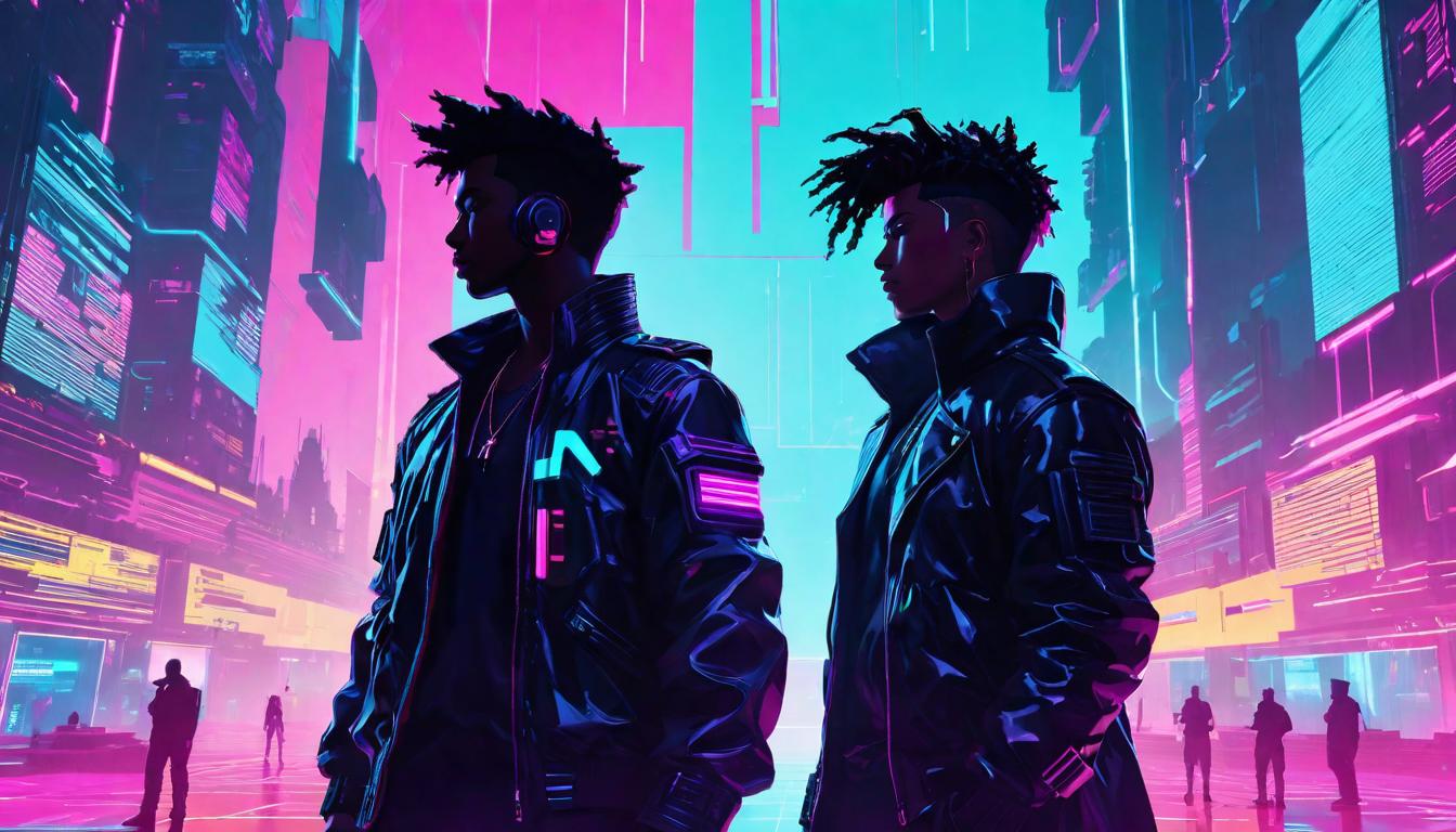  vaporwave,cyberpunk game style Silhouettes of two individuals, one surrounded by a dense, dark aura and the other by a light, airy one, Contrast of emotional weight, Unspoken volumes, A visual dialogue of vibrance versus somberness.eon, dystopian, futuristic, digital, vibrant, detailed, high contrast, reminiscent of cyberpunk genre video games,retro aesthetic, cyberpunk, vibrant, neon colors, vintage 80s and 90s style, highly detailed