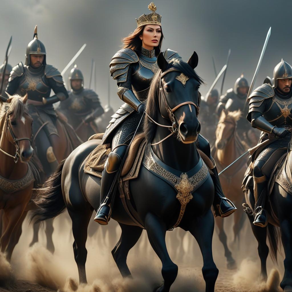  digital art, illustration, the queen in black armor on horseback leads her army into battle, side view hyperrealistic, full body, detailed clothing, highly detailed, cinematic lighting, stunningly beautiful, intricate, sharp focus, f/1. 8, 85mm, (centered image composition), (professionally color graded), ((bright soft diffused light)), volumetric fog, trending on instagram, trending on tumblr, HDR 4K, 8K