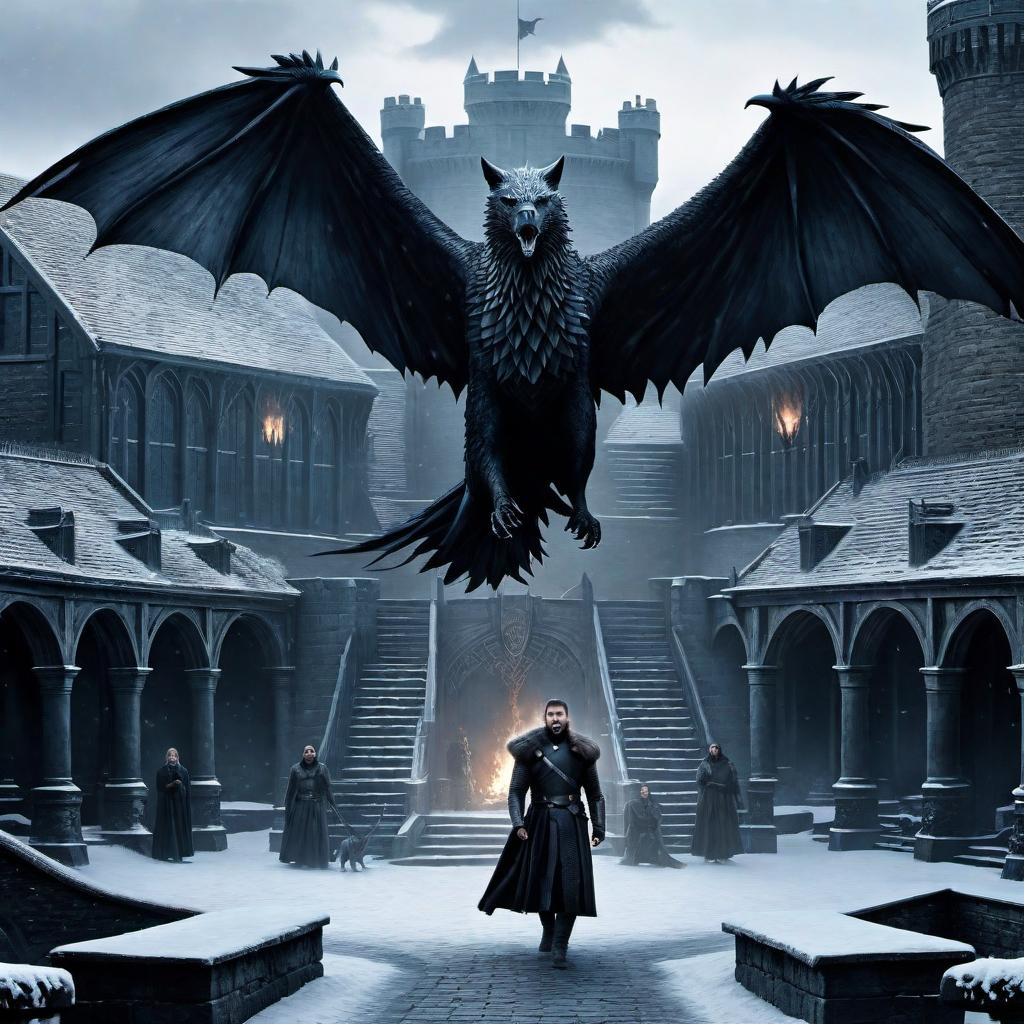  Game of Thrones inspired drawing featuring some of the iconic elements from the series such as the Iron Throne, a direwolf, a three-eyed raven, and a dragon flying in the sky. The setting is in the courtyard of Winterfell with the Stark banner displayed prominently. The scene conveys a sense of medieval fantasy and intrigue. hyperrealistic, full body, detailed clothing, highly detailed, cinematic lighting, stunningly beautiful, intricate, sharp focus, f/1. 8, 85mm, (centered image composition), (professionally color graded), ((bright soft diffused light)), volumetric fog, trending on instagram, trending on tumblr, HDR 4K, 8K